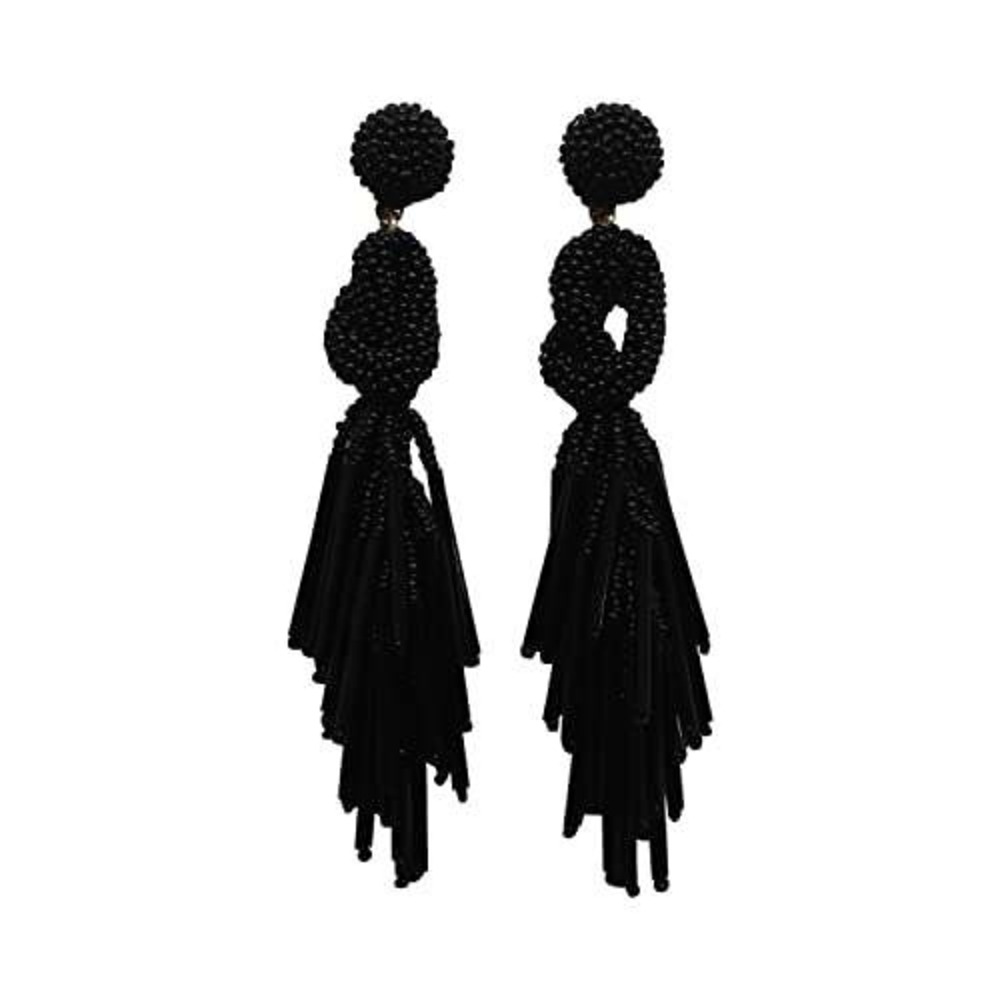 Black Beaded Knotted Fringe Drop Statement Earrings‎ Post Back Dangle Boho